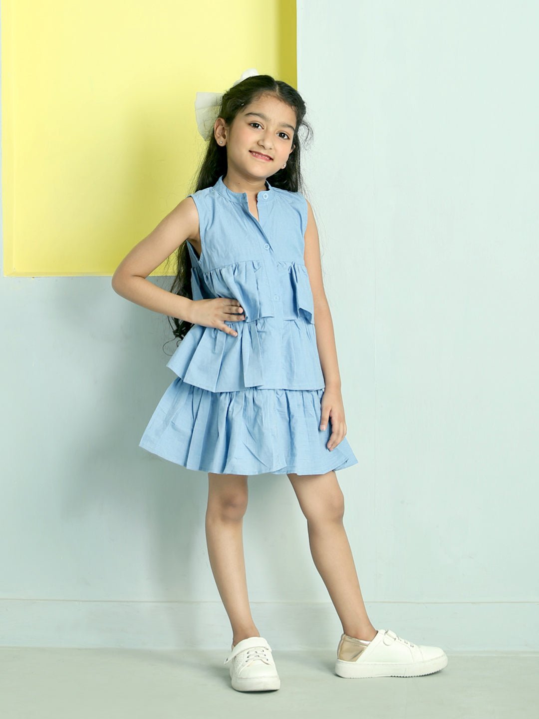 Chambray Blue Girls Sleeveless Tiered Cotton Casual Dress