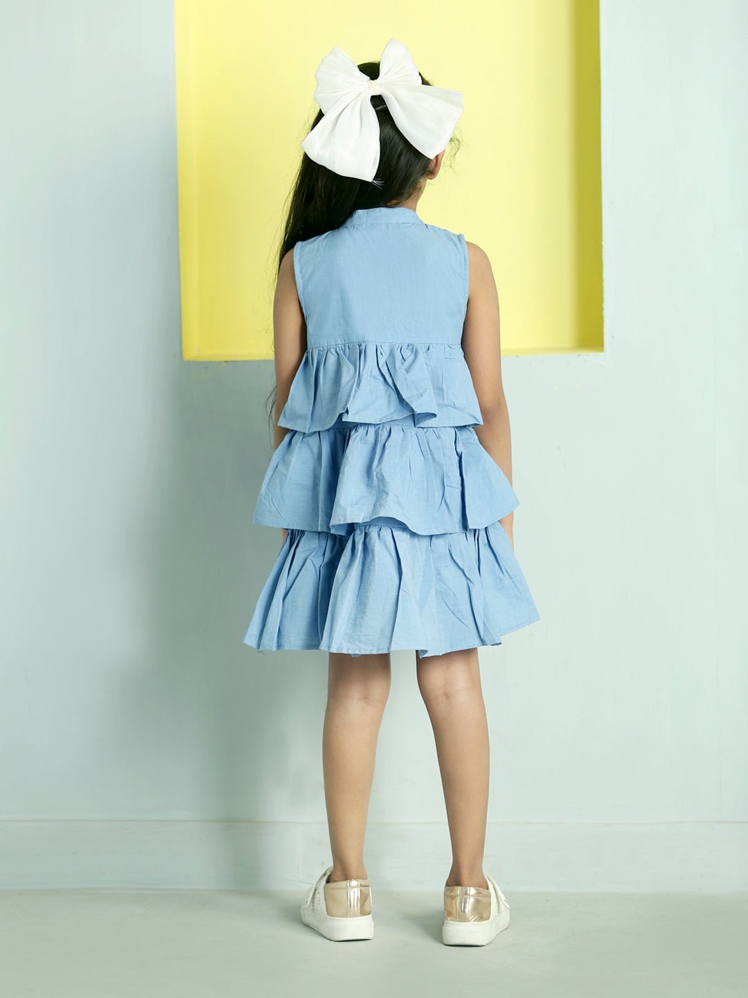 Chambray Blue Girls Sleeveless Tiered Cotton Casual Dress