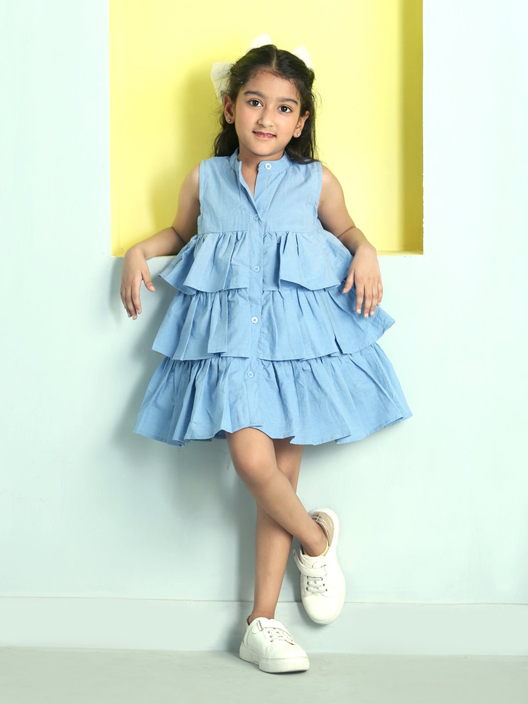 Chambray Blue Girls Tiered Frill Casual Dress