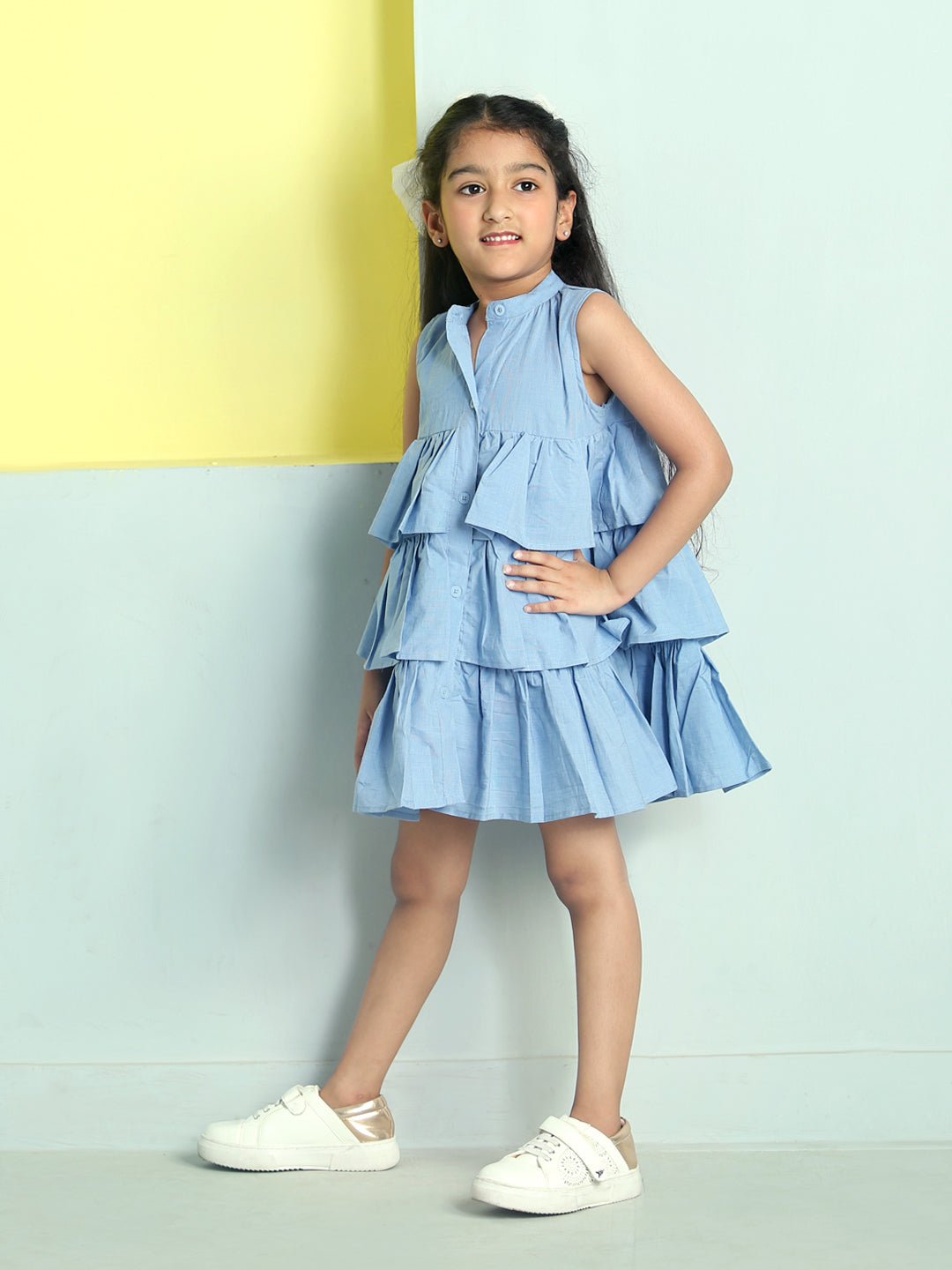 Chambray Blue Girls Tiered Frill Casual Dress