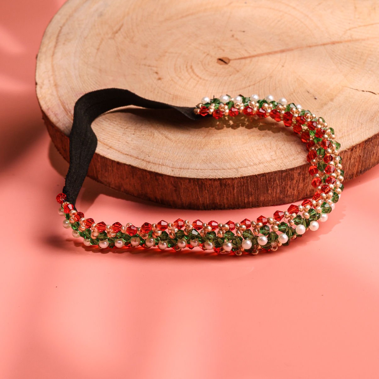 Tricolour Beaded Festive Sparkle Girls Headband With Pearl Accents