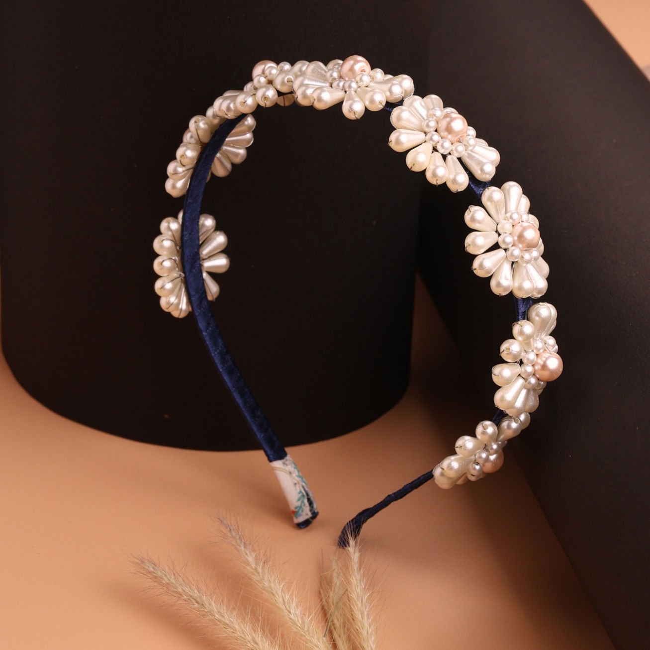 Navy Pearl Floral Handcrafted Girls Hair Band For Party Glam