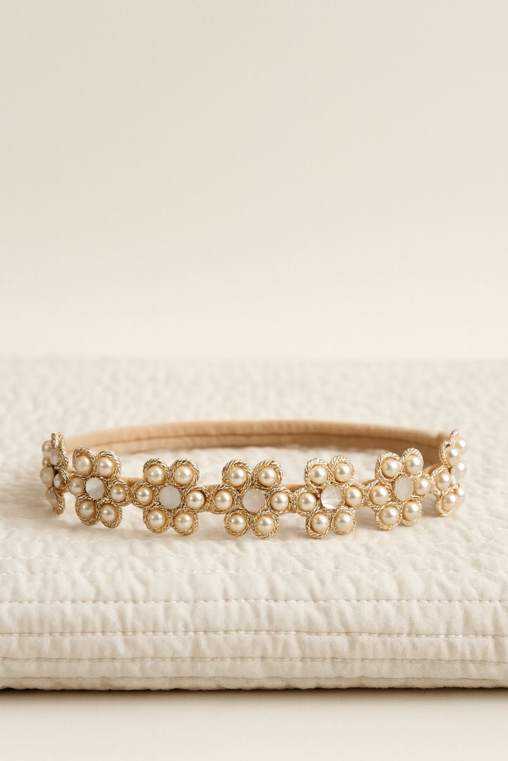 Gold Floral Pearl Embellished Festive Girls Headband With Lace Detail