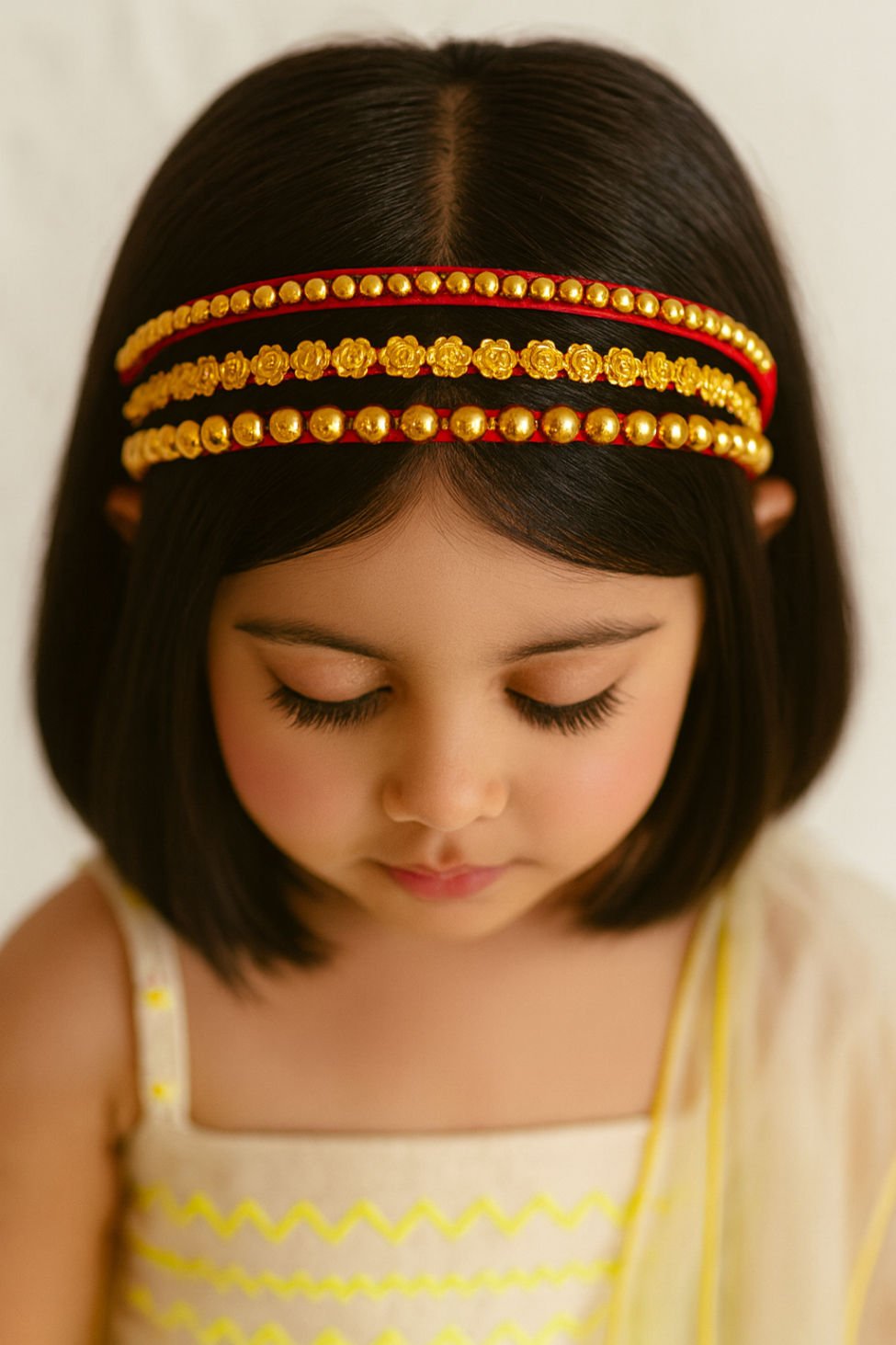 Golden Bead & Floral Red Satin Girls Headband Set With 3 Pieces
