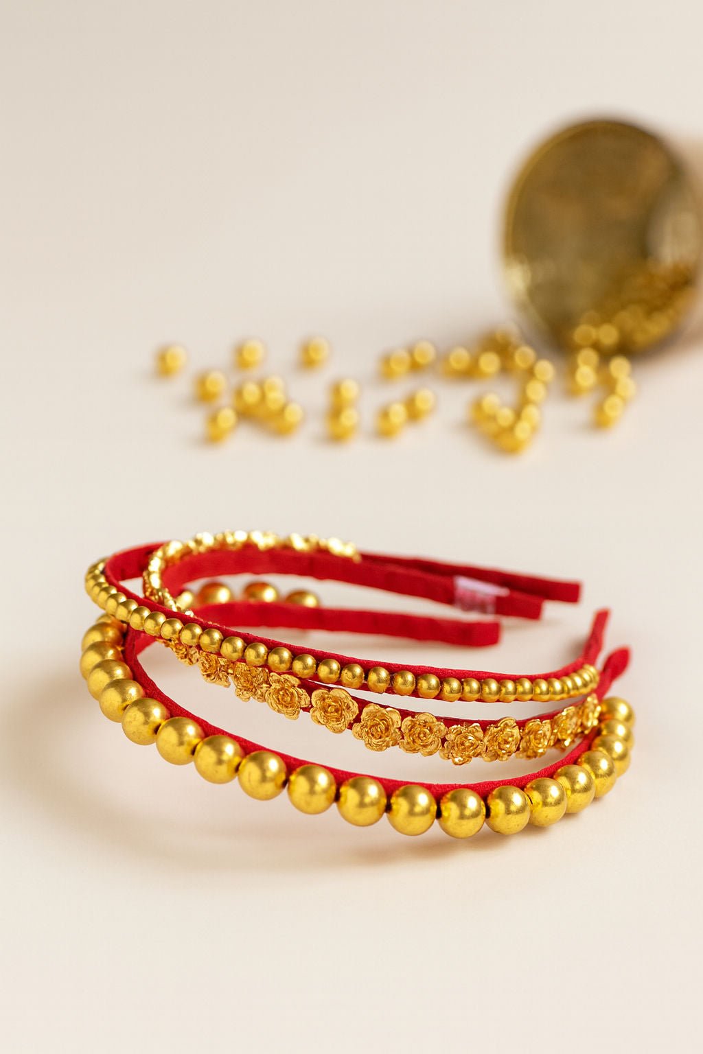 Golden Bead & Floral Red Satin Girls Headband Set With 3 Pieces