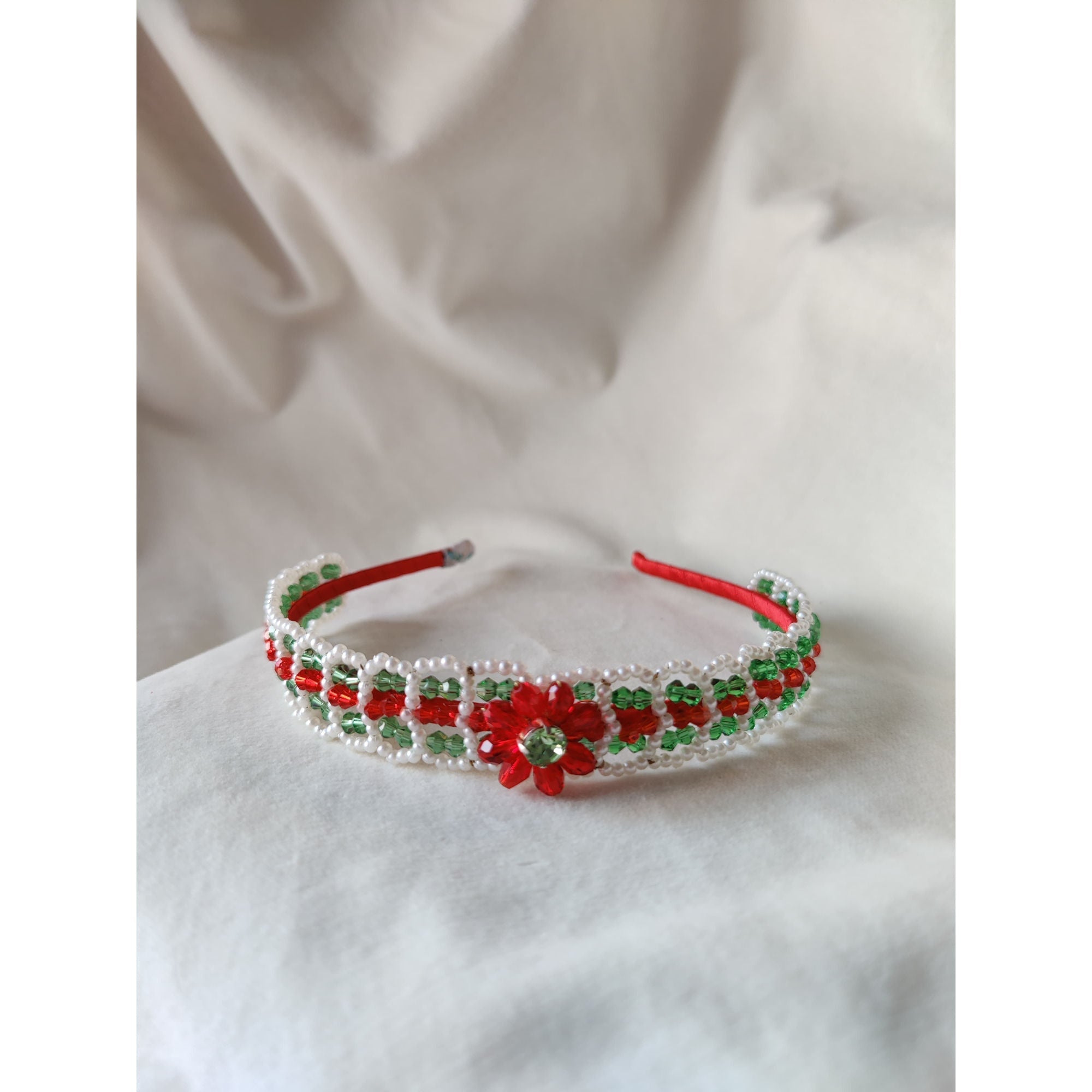 Tricolour Beaded Festive Sparkle Girls Headband With Pearl Accents