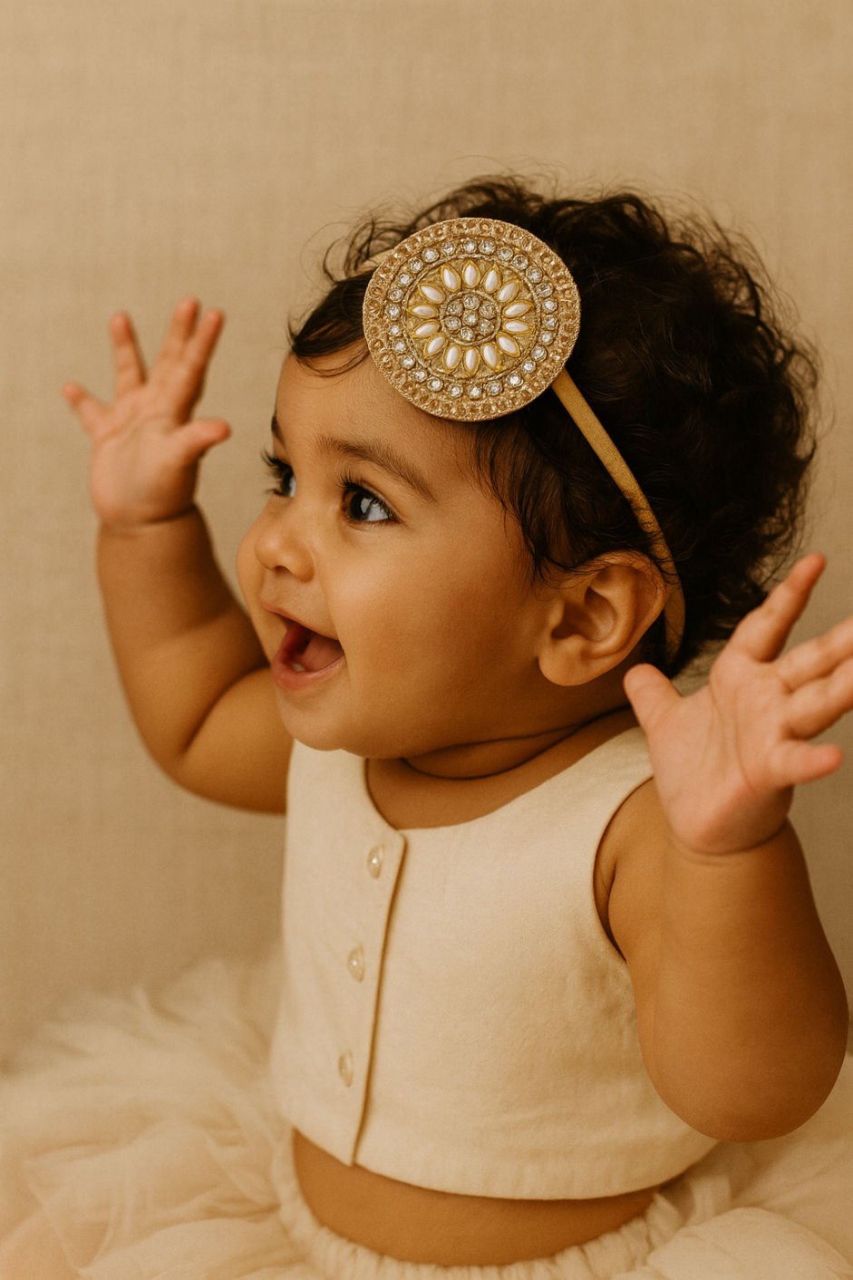 Pearl Stone Gold Ethnic Luxe Girls Head Band With Round Motif