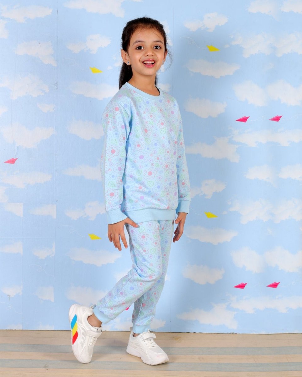Blue Colourful Daisies Jogger Set For Girls