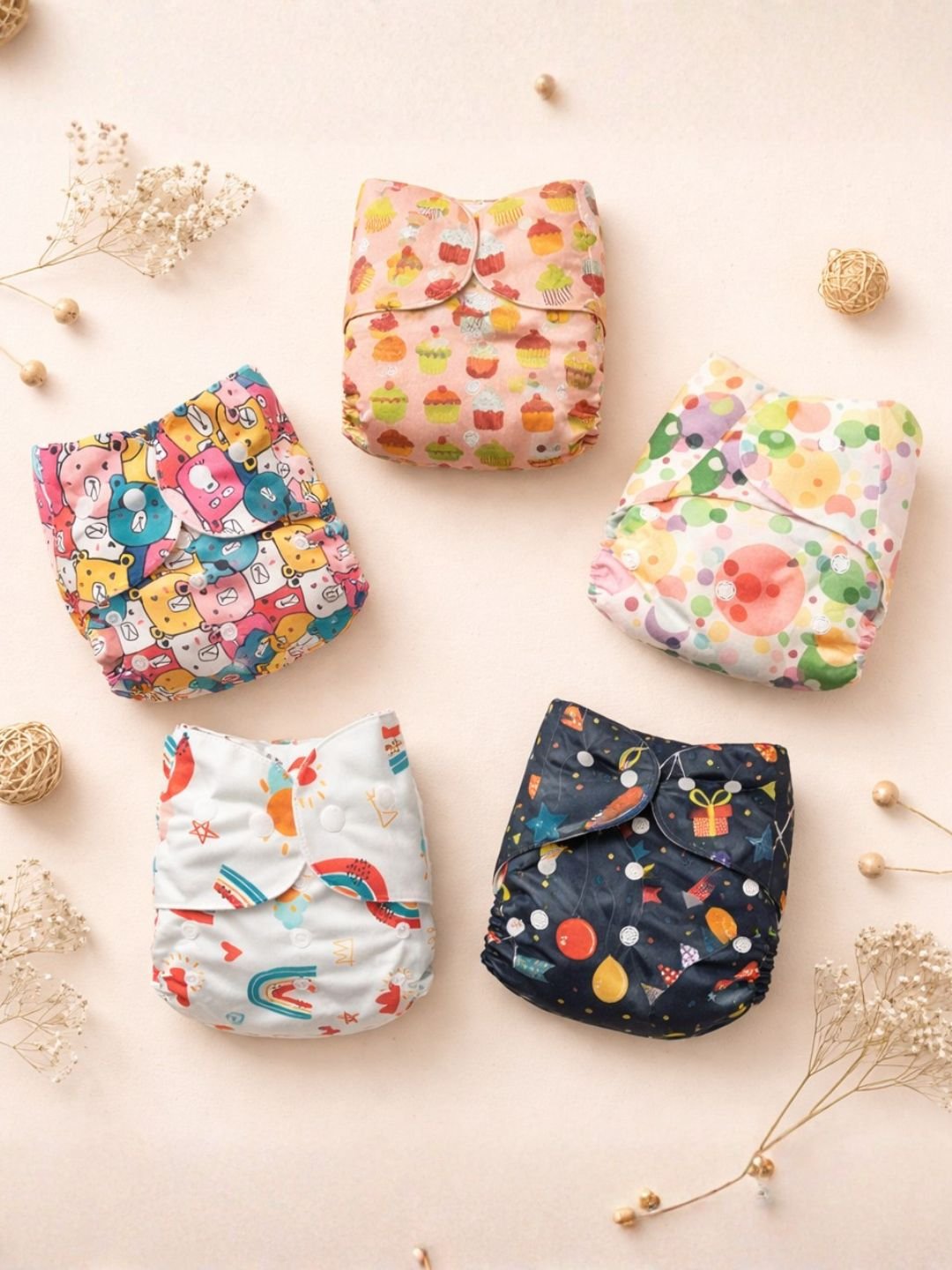 Combo Of 5 Multicolour 100% Cotton Reusable Diapers For Babies