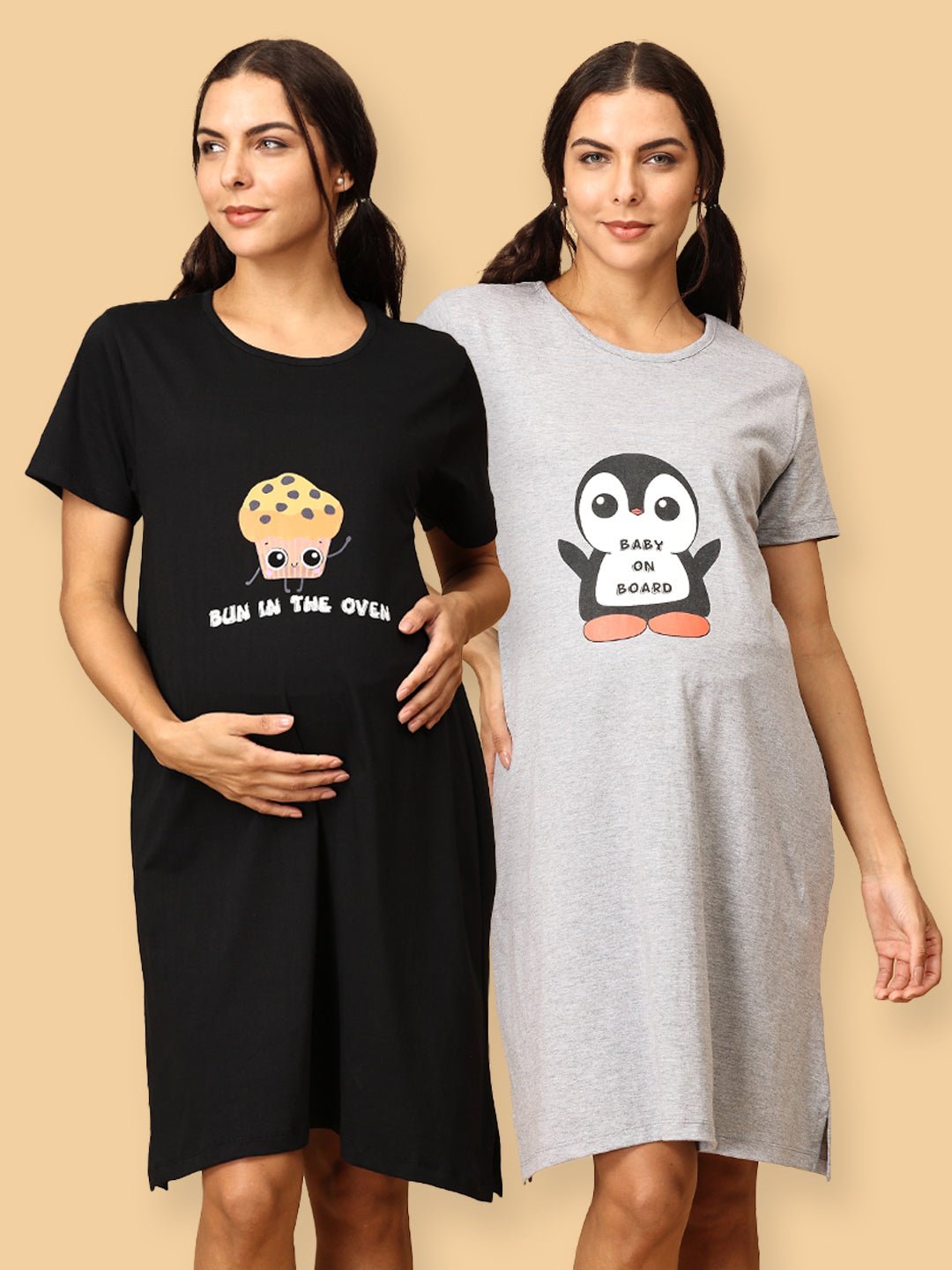 Combo Of Bun In The Oven Baby On Board Maternity T-Shirt Dress Multi