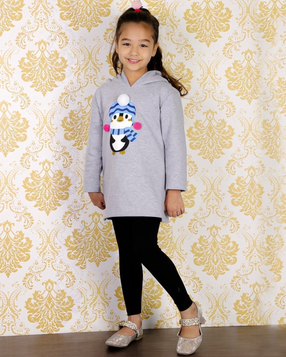 Little Penguin Hooded Sweater Dress with Black Leggings Set