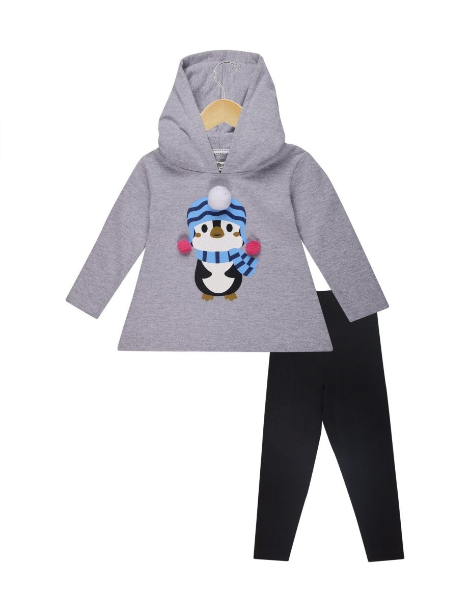Little Penguin Hooded Sweater Dress with Black Leggings Set