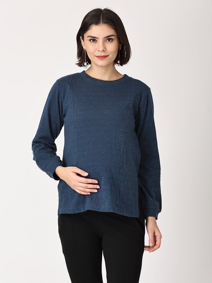 Shooting Star Maternity and Nursing Sweatshirt With Black Leggings Black