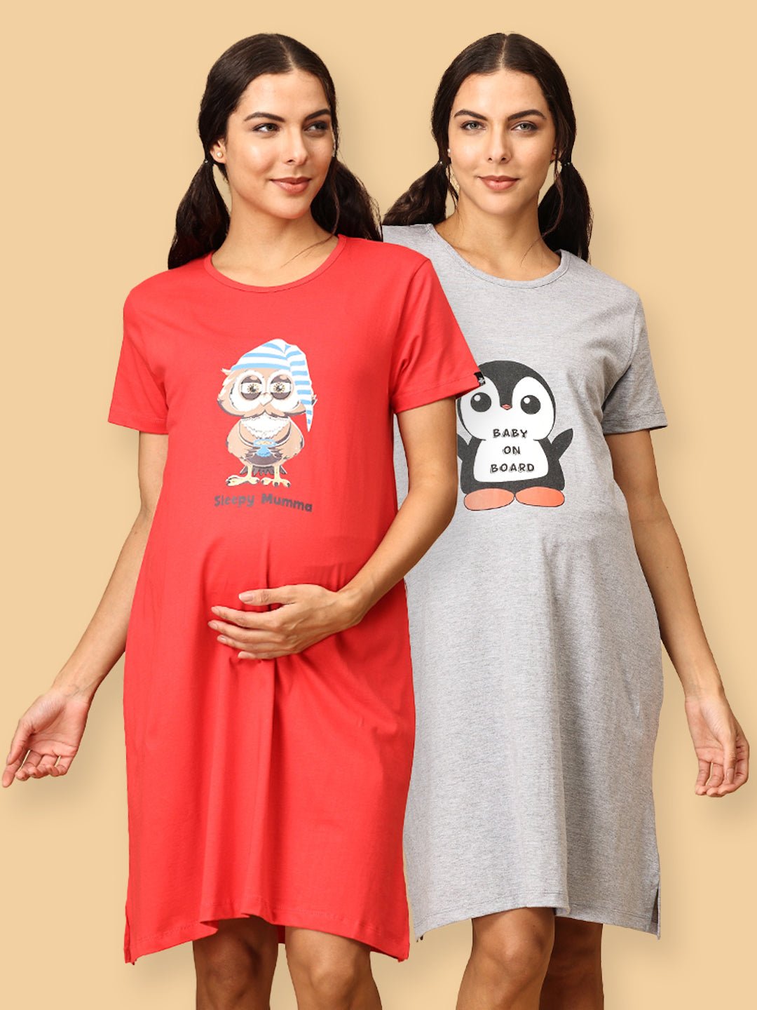 Combo Of 2 Sleepy Mumma Baby On Board Maternity T-Shirt Dress Multi