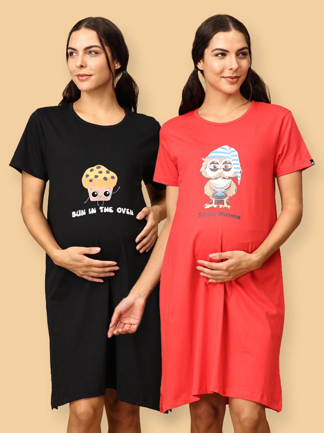 Combo Of Sleepy Mumma & Bun In The Oven Maternity T-Shirt Dress Multi