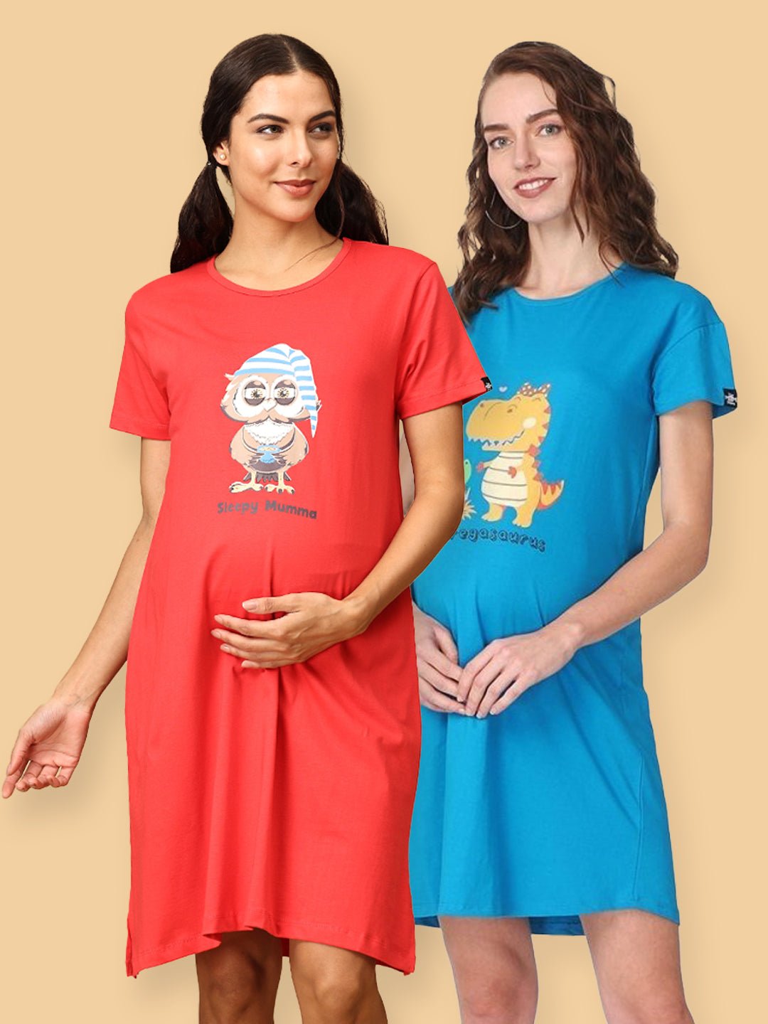 Combo Of Sleepy Mumma & Pregasaurus Maternity T-Shirt Dress Multi