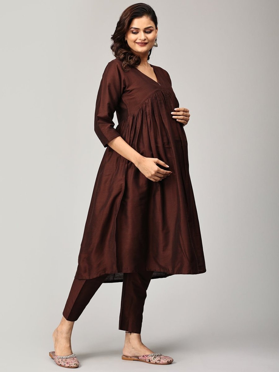 Cozy Café Maternity and Nursing Silk Kurta Set Brown