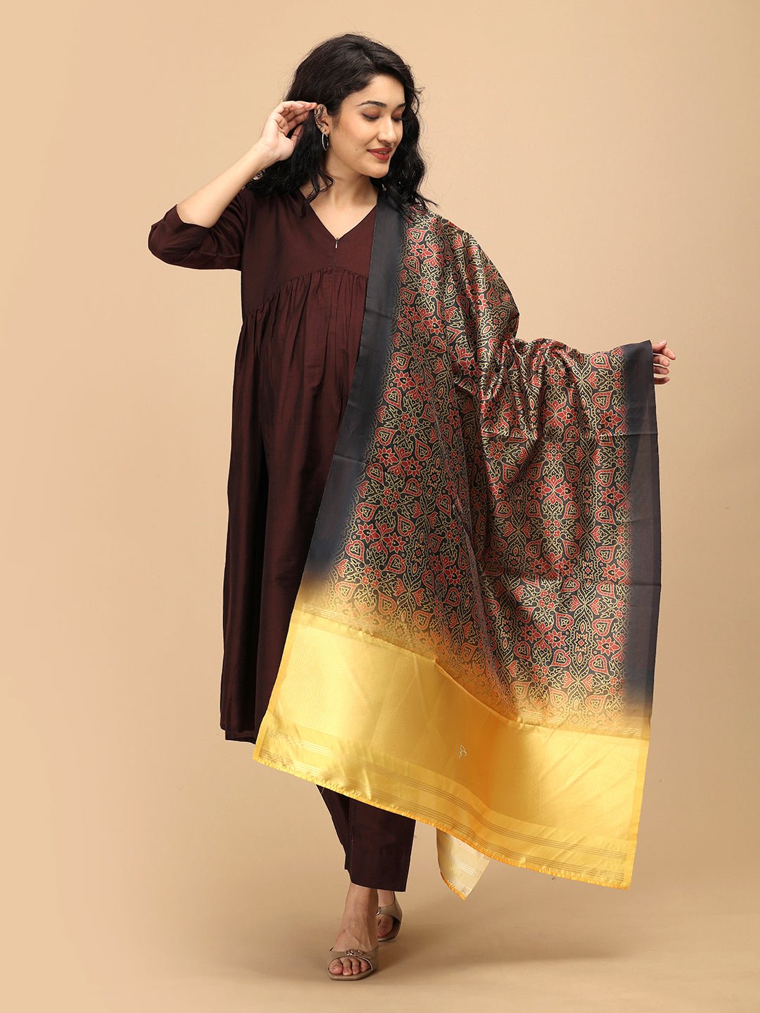 Cozy Café Maternity and Nursing Silk Kurta Set Brown