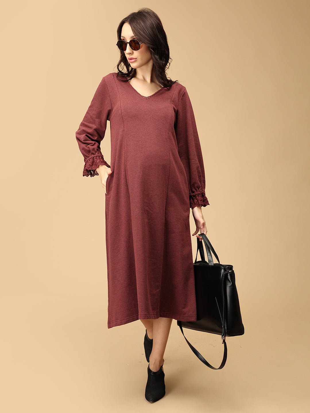 Cozy Claret Maternity and Nursing Winter Dress Maroon