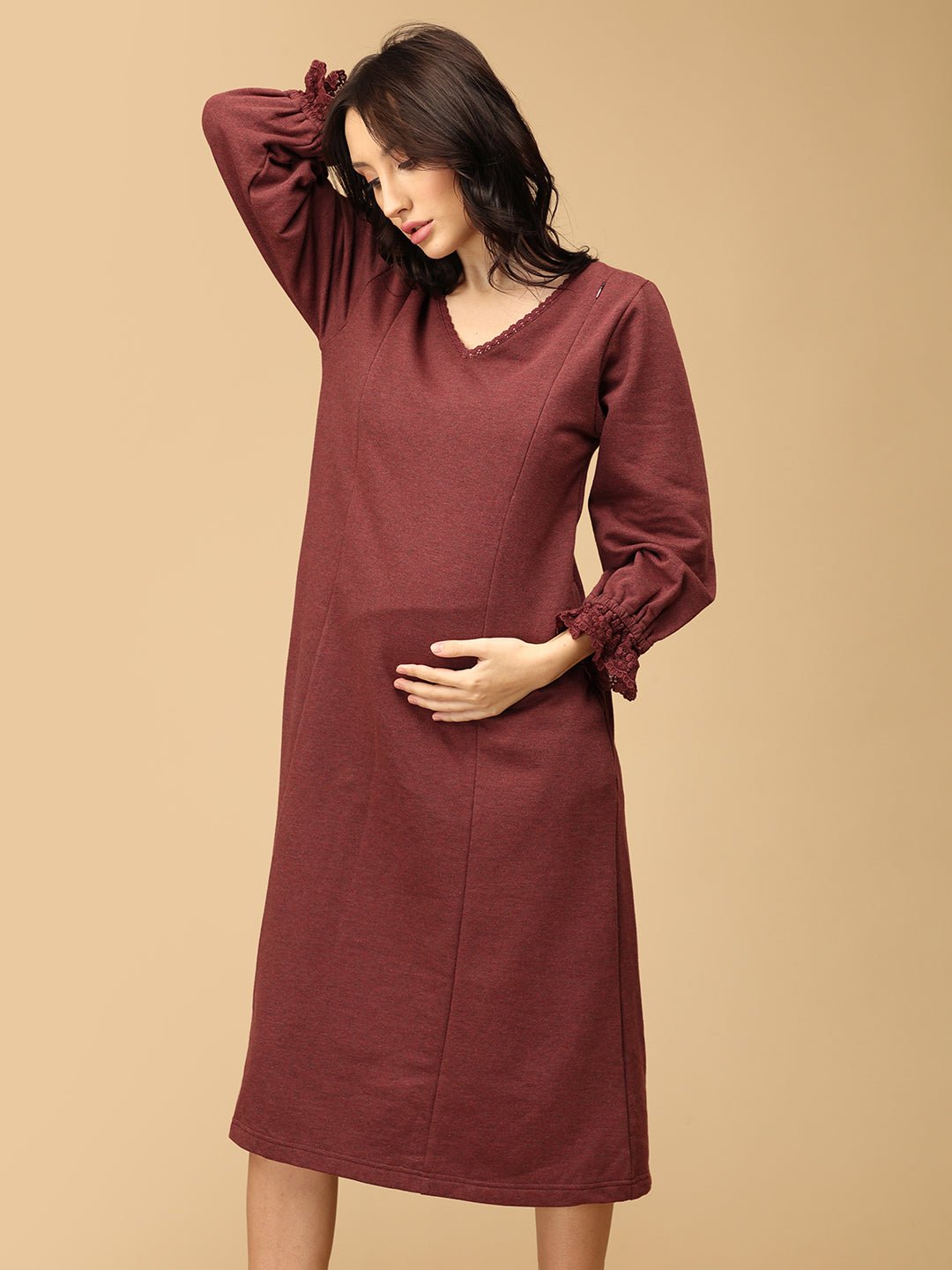 Cozy Claret Maternity and Nursing Winter Dress Maroon