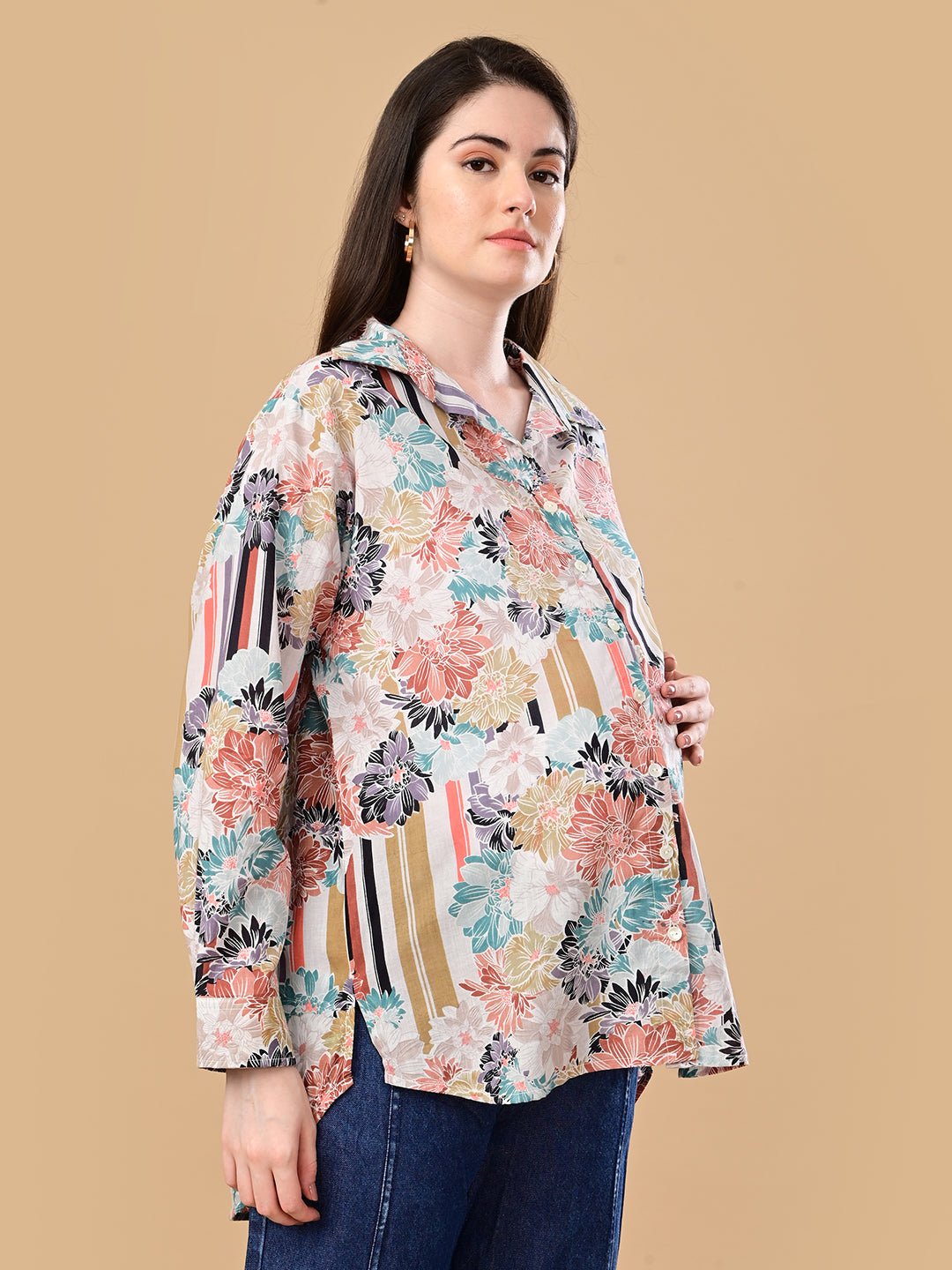Cream Classic Maternity and Nursing Oversized Shirt Cream
