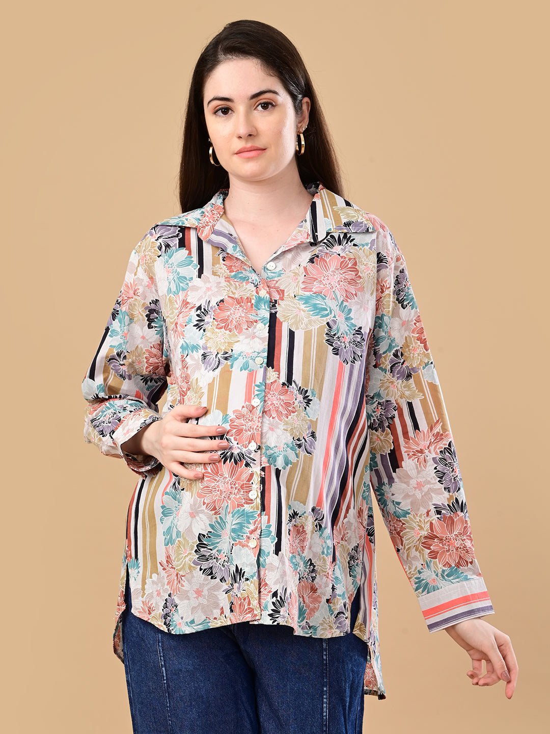 Cream Classic Maternity and Nursing Oversized Shirt Cream
