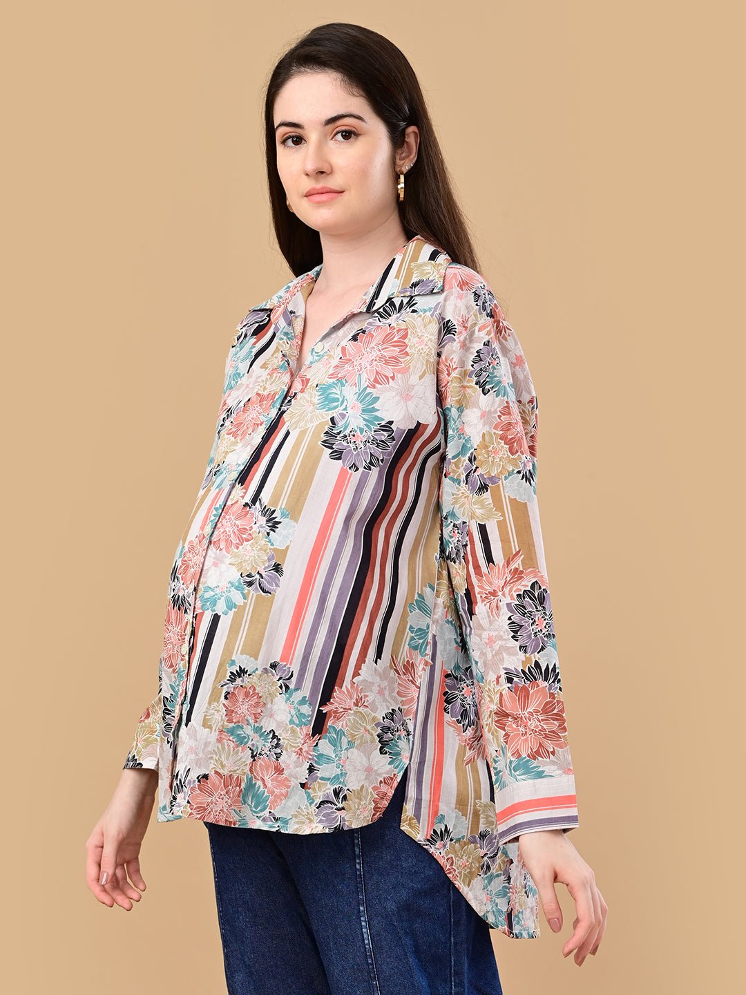 Cream Classic Maternity and Nursing Oversized Shirt Cream