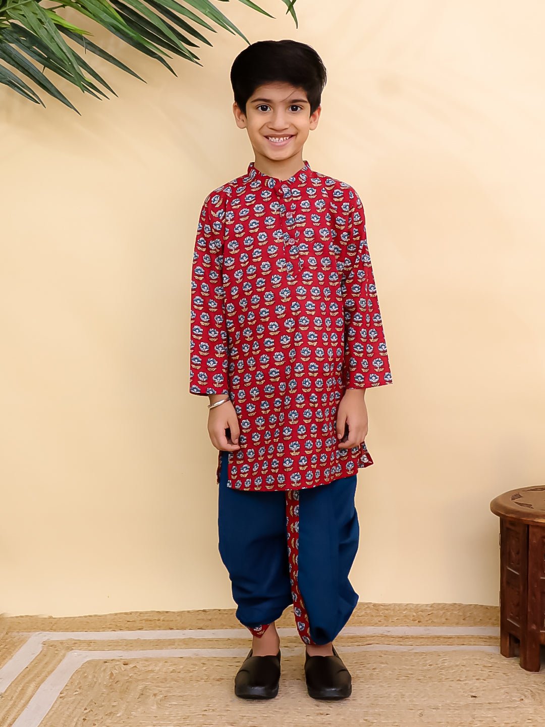 Crimson Floral Print Boys Dhoti Kurta Set