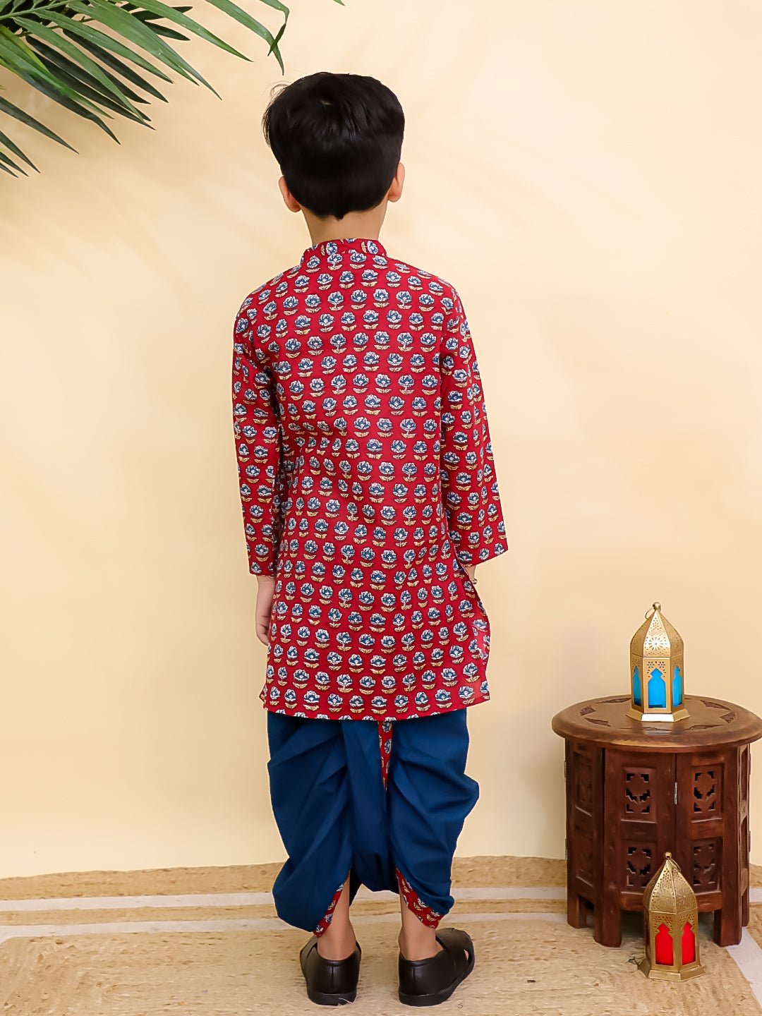 Crimson Floral Print Boys Dhoti Kurta Set