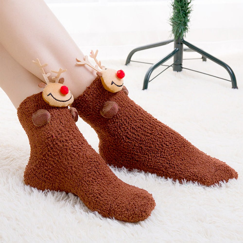 Little Surprise Box Dark Brown Reindeer Xmas Tree Theme Woolen Socks