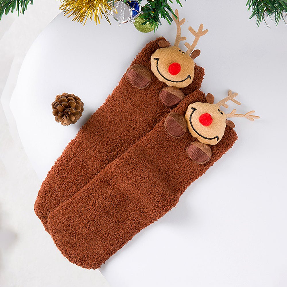 Little Surprise Box Dark Brown Reindeer Xmas Tree Theme Woolen Socks