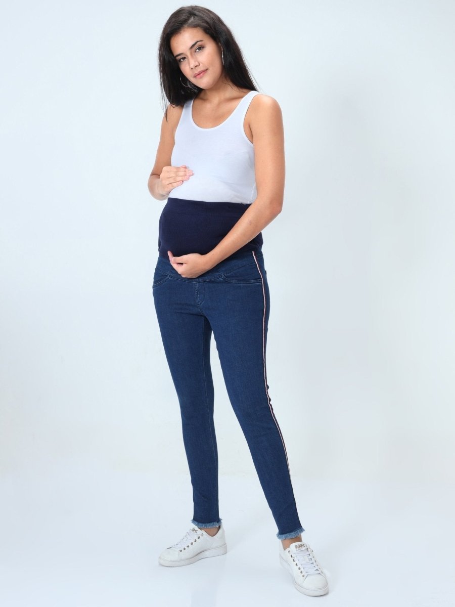 Distress Taped Maternity Denims with Belly Support Blue