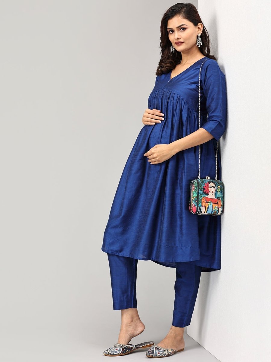 Diva Blue Maternity and Nursing Silk Kurta Set Blue