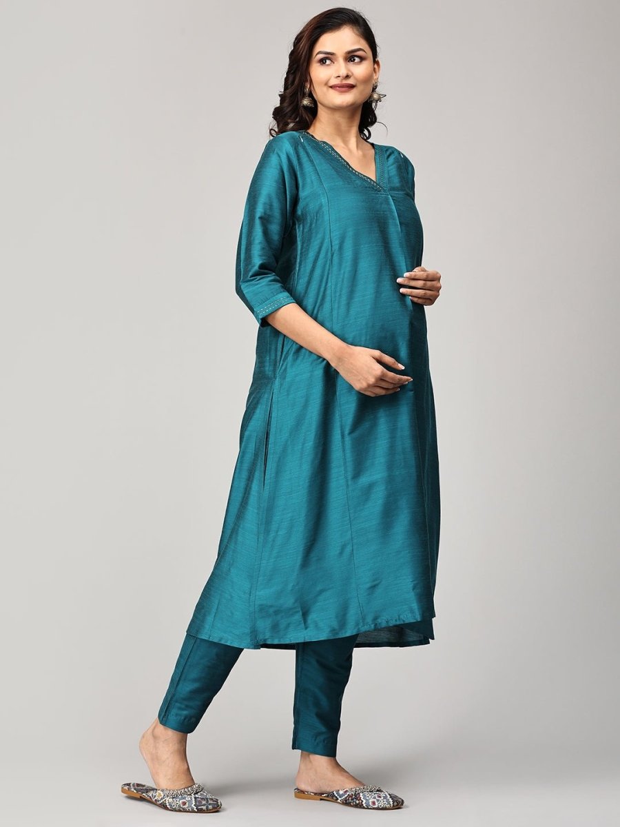Drama at Gala Embroidered Maternity and Nursing Silk Kurta Set Teal