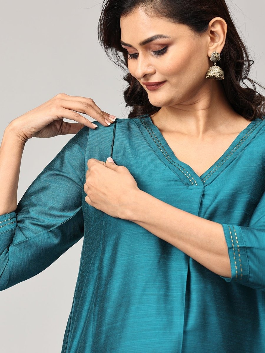 Drama at Gala Embroidered Maternity and Nursing Silk Kurta Set Teal