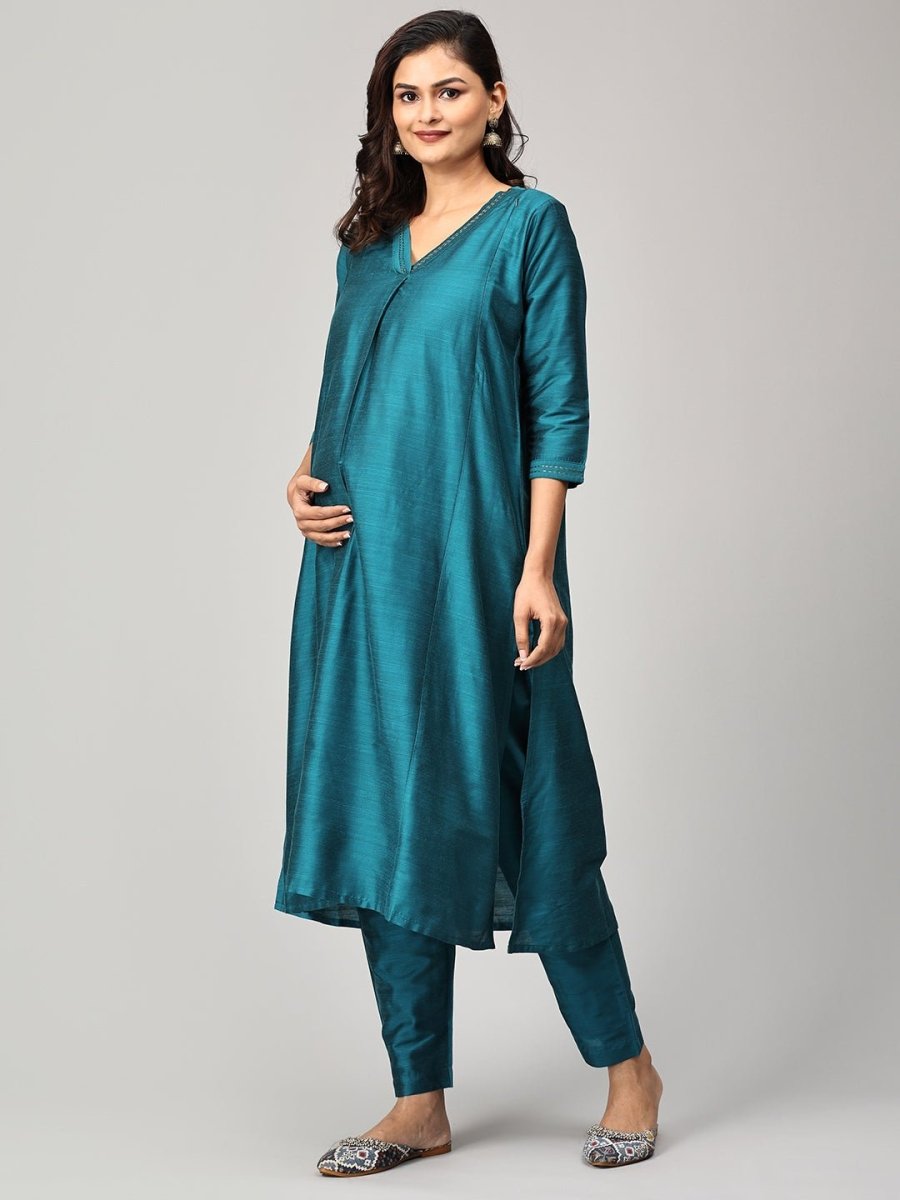Drama at Gala Embroidered Maternity and Nursing Silk Kurta Set Teal