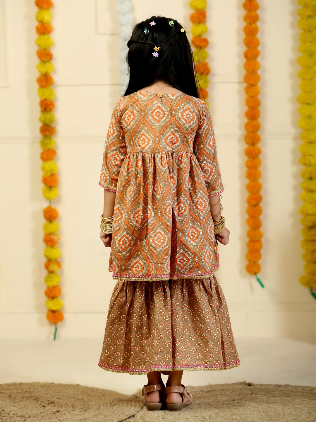 Earth Brown Floral Print Girls Anarkali Sharara Set