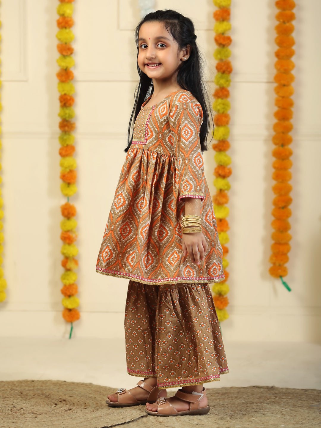 Earth Brown Floral Print Girls Anarkali Sharara Set