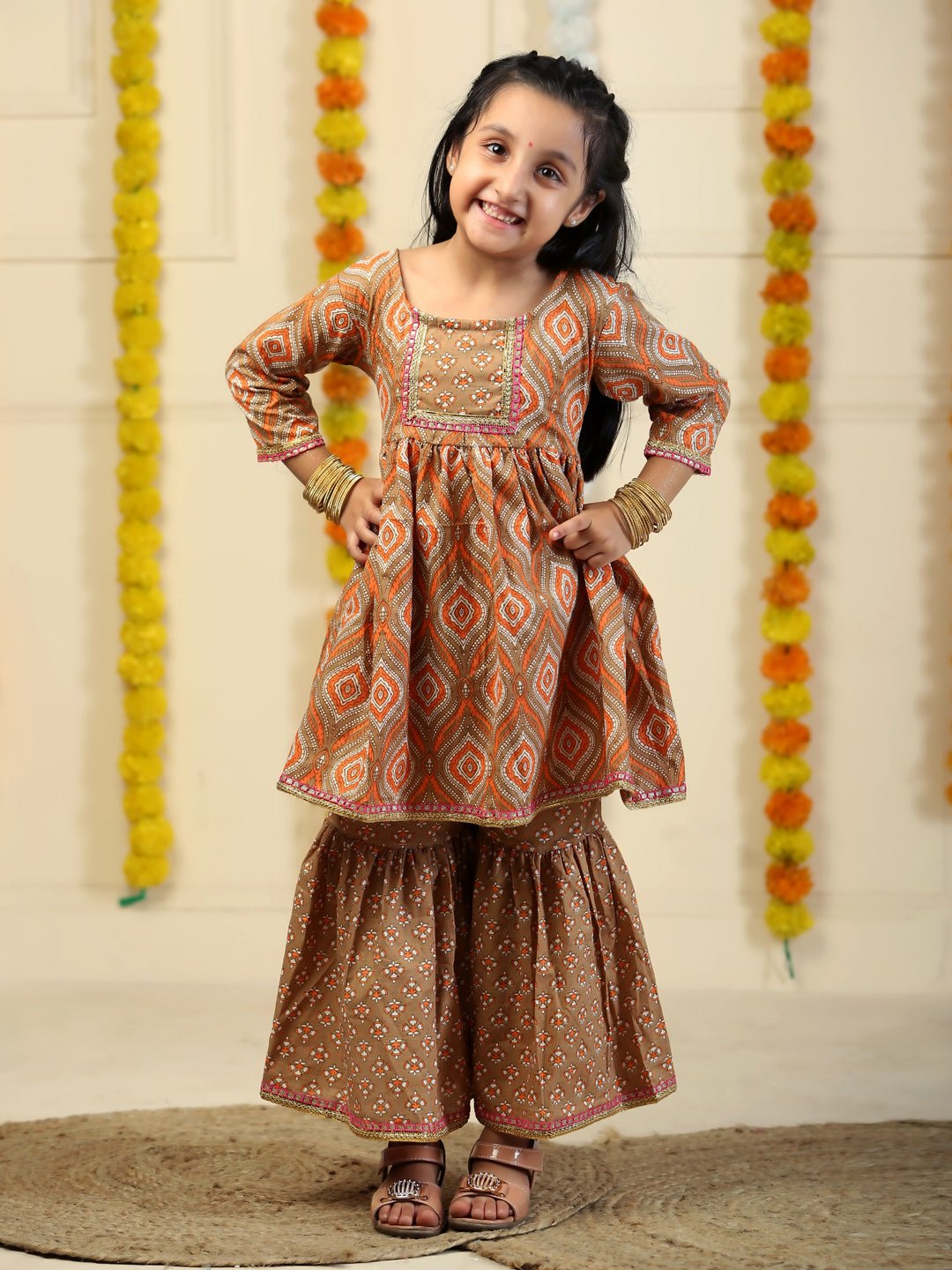 Earth Brown Floral Print Girls Anarkali Sharara Set