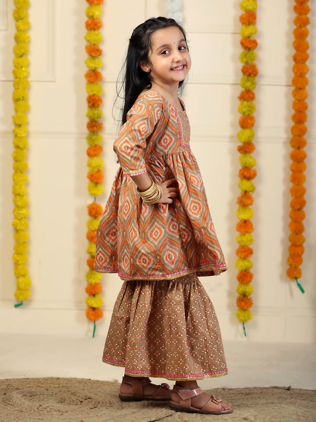 Earth Brown Floral Print Girls Anarkali Sharara Set