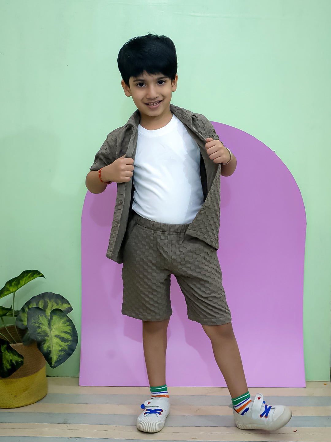 Earthy Elegance Brown Cotton Shirt T-shirt And Shorts Set For Boys