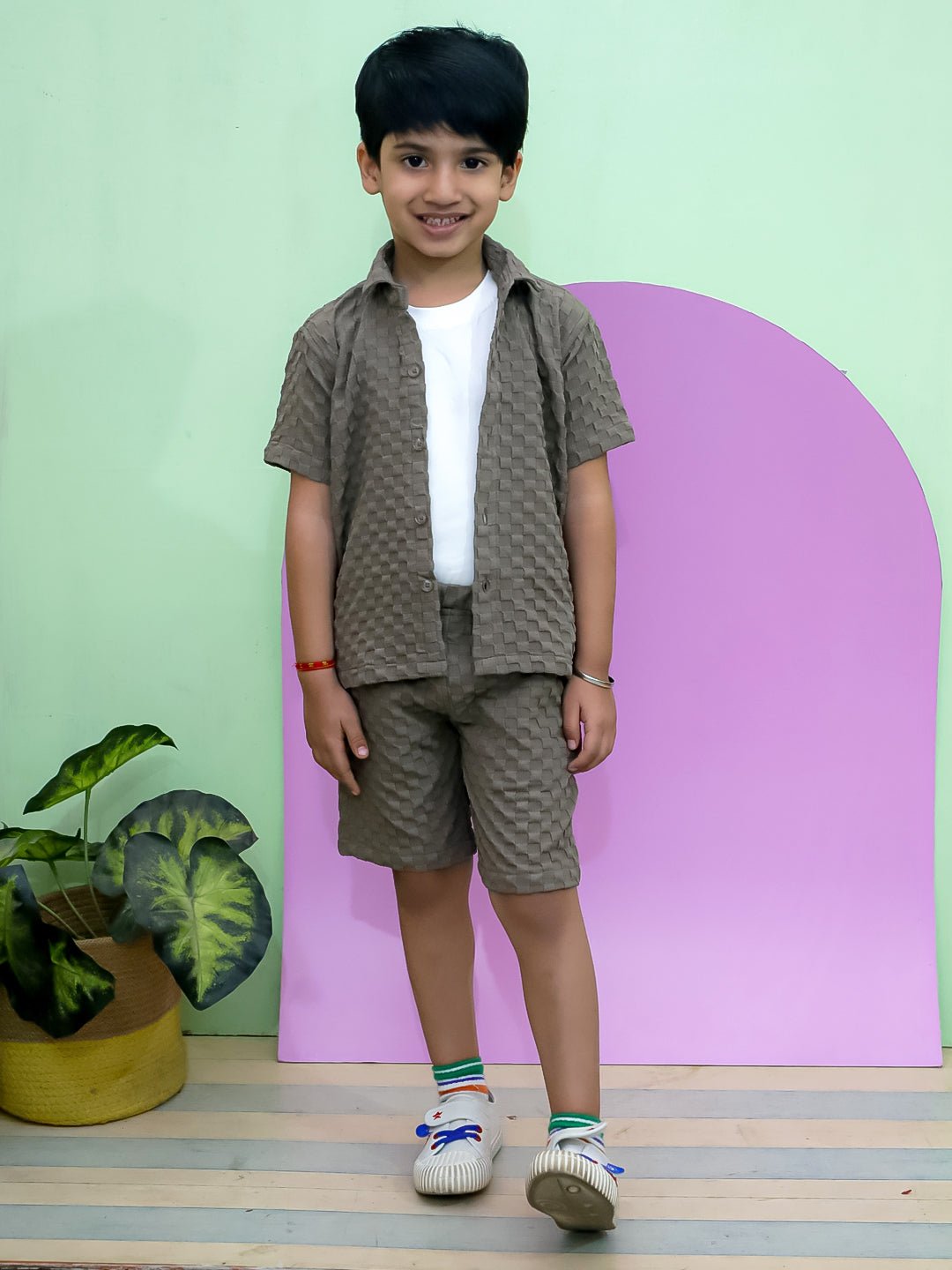 Earthy Elegance Brown Cotton Shirt T-shirt And Shorts Set For Boys
