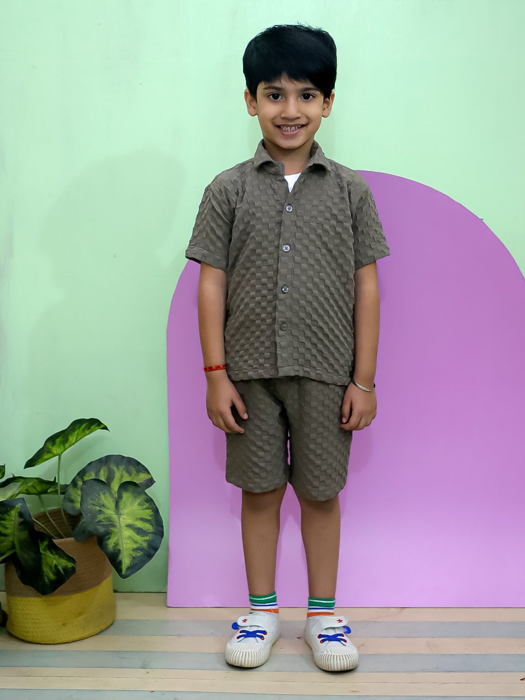 Earthy Elegance Brown Cotton Shirt T-shirt And Shorts Set For Boys