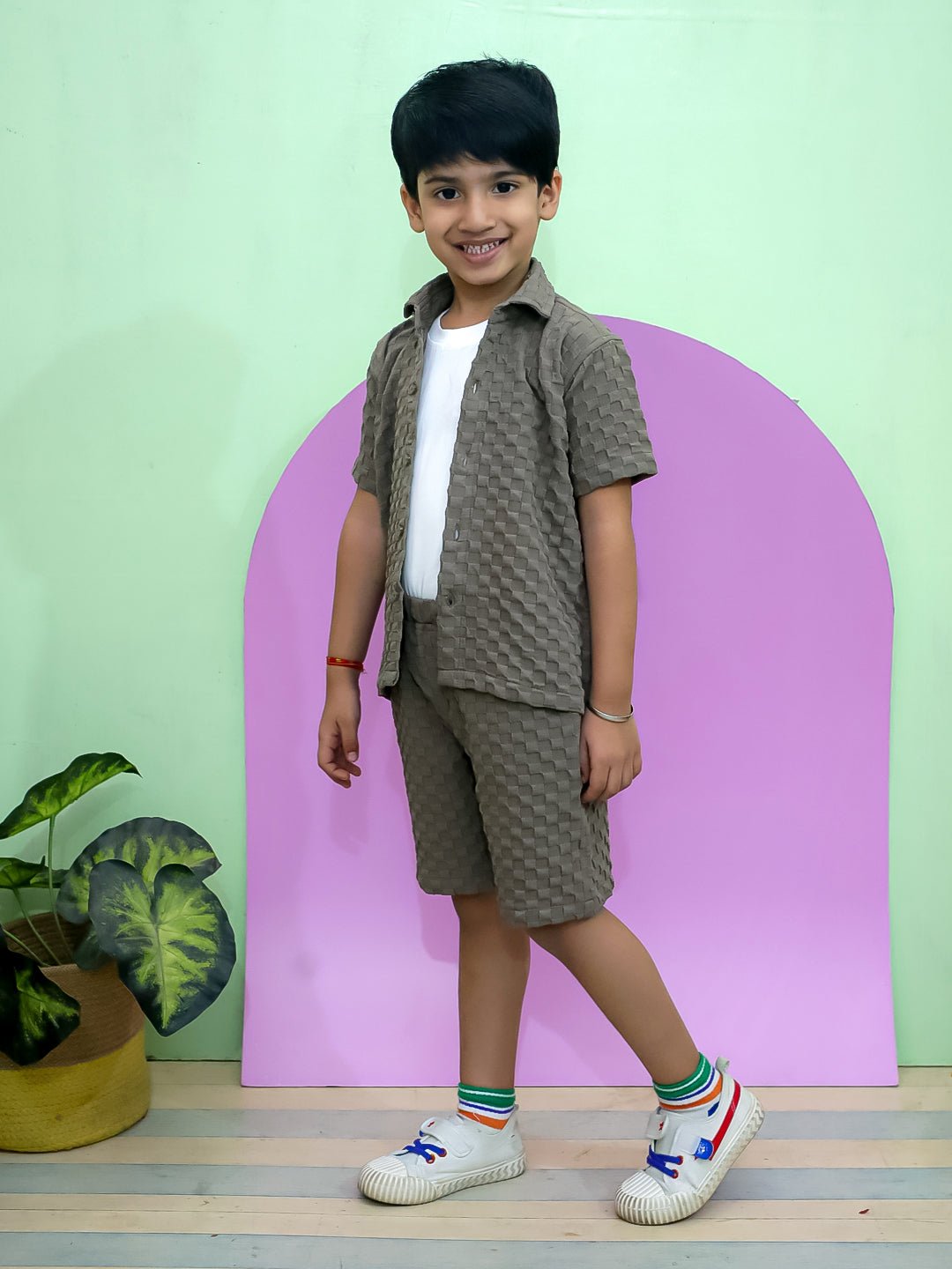 Earthy Elegance Brown Cotton Shirt T-shirt And Shorts Set For Boys