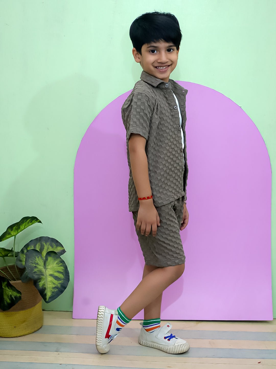 Earthy Elegance Brown Cotton Shirt T-shirt And Shorts Set For Boys