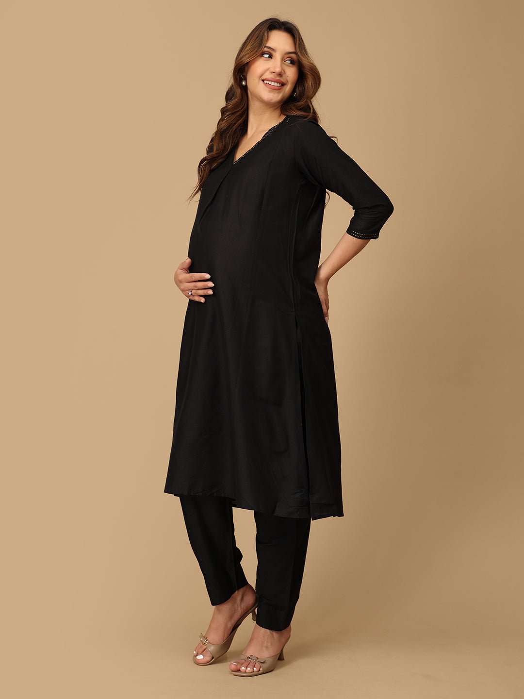 Ebony Embroidered Maternity and Nursing Silk Kurta Set Black