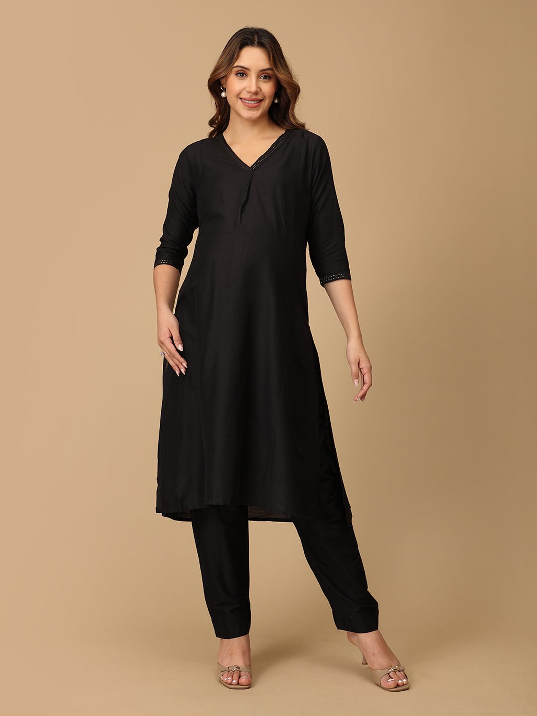 Ebony Embroidered Maternity and Nursing Silk Kurta Set Black