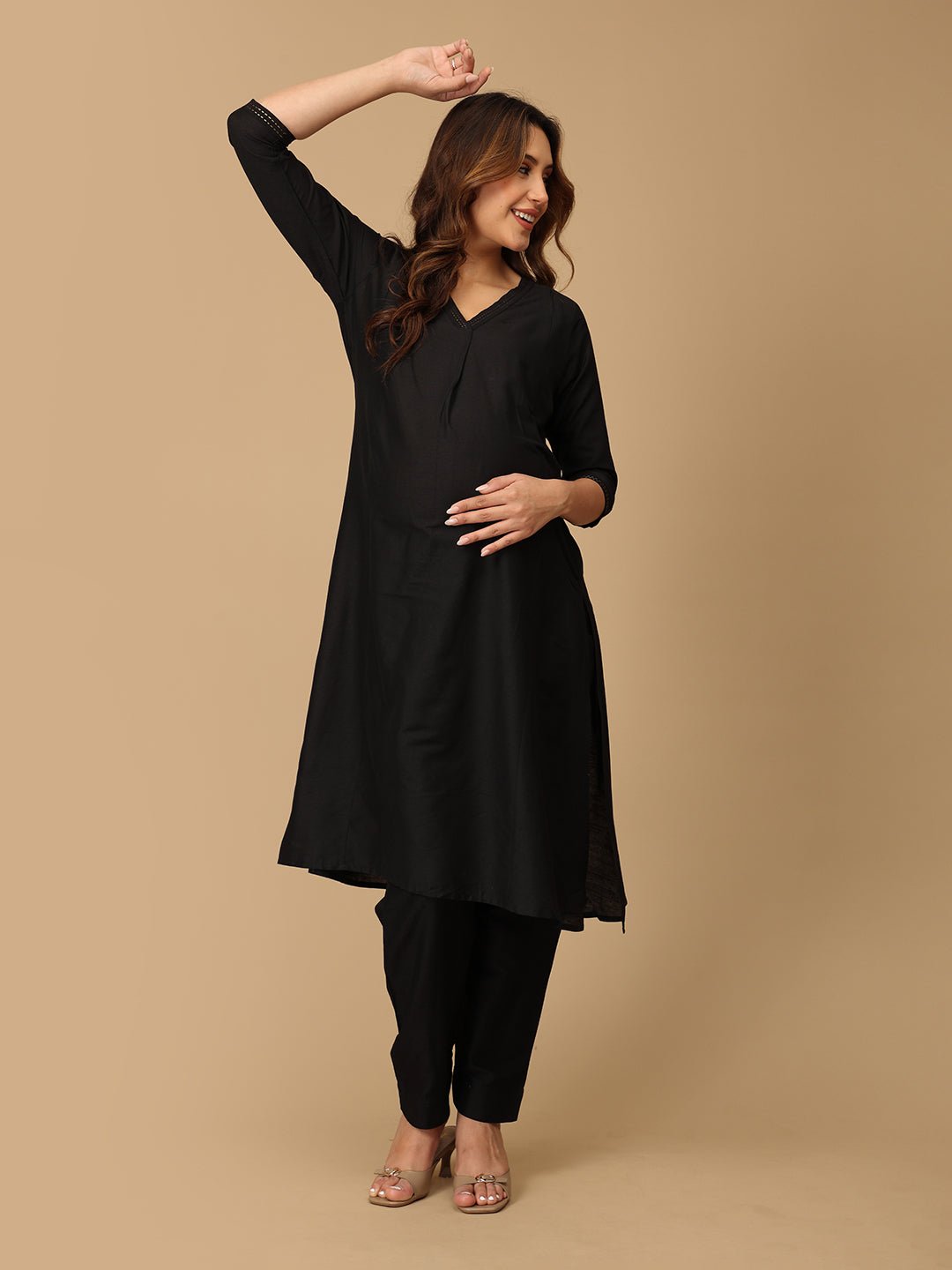 Ebony Embroidered Maternity and Nursing Silk Kurta Set Black