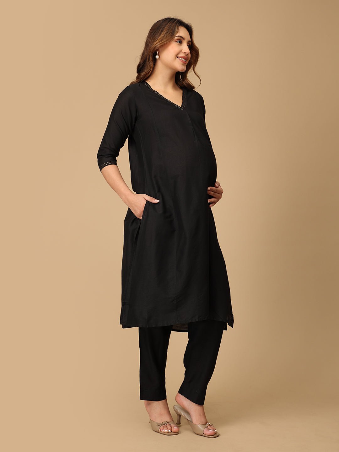 Ebony Embroidered Maternity and Nursing Silk Kurta Set Black