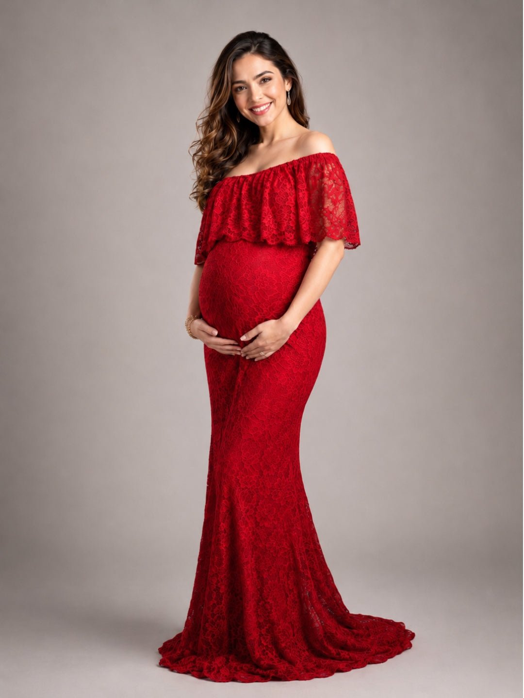Elegant Wine Maternity Lace Gown Red